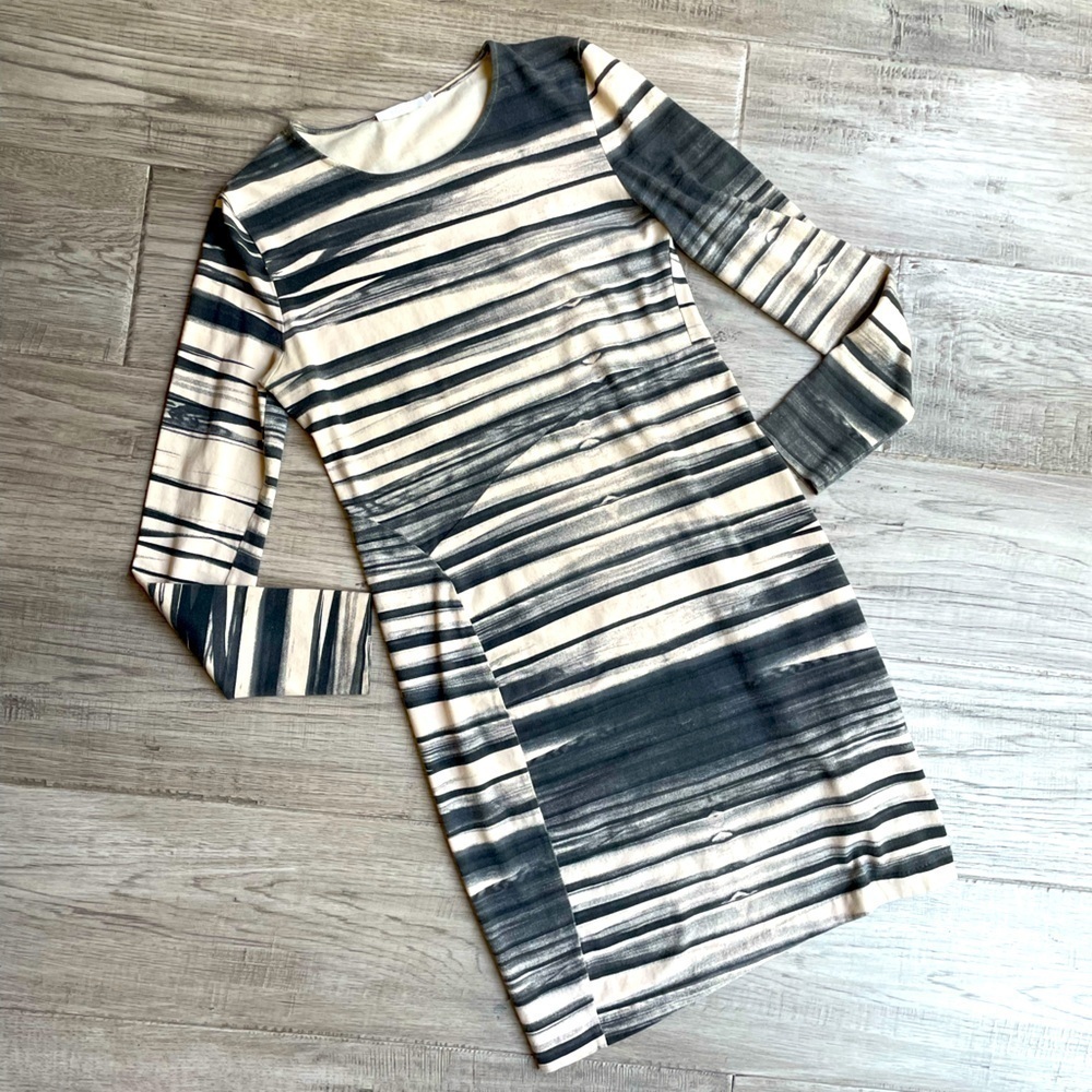 COS Sheath Dress Stretchy Long Sleeve Striped Pattern Cream/Black/Gray SZ S